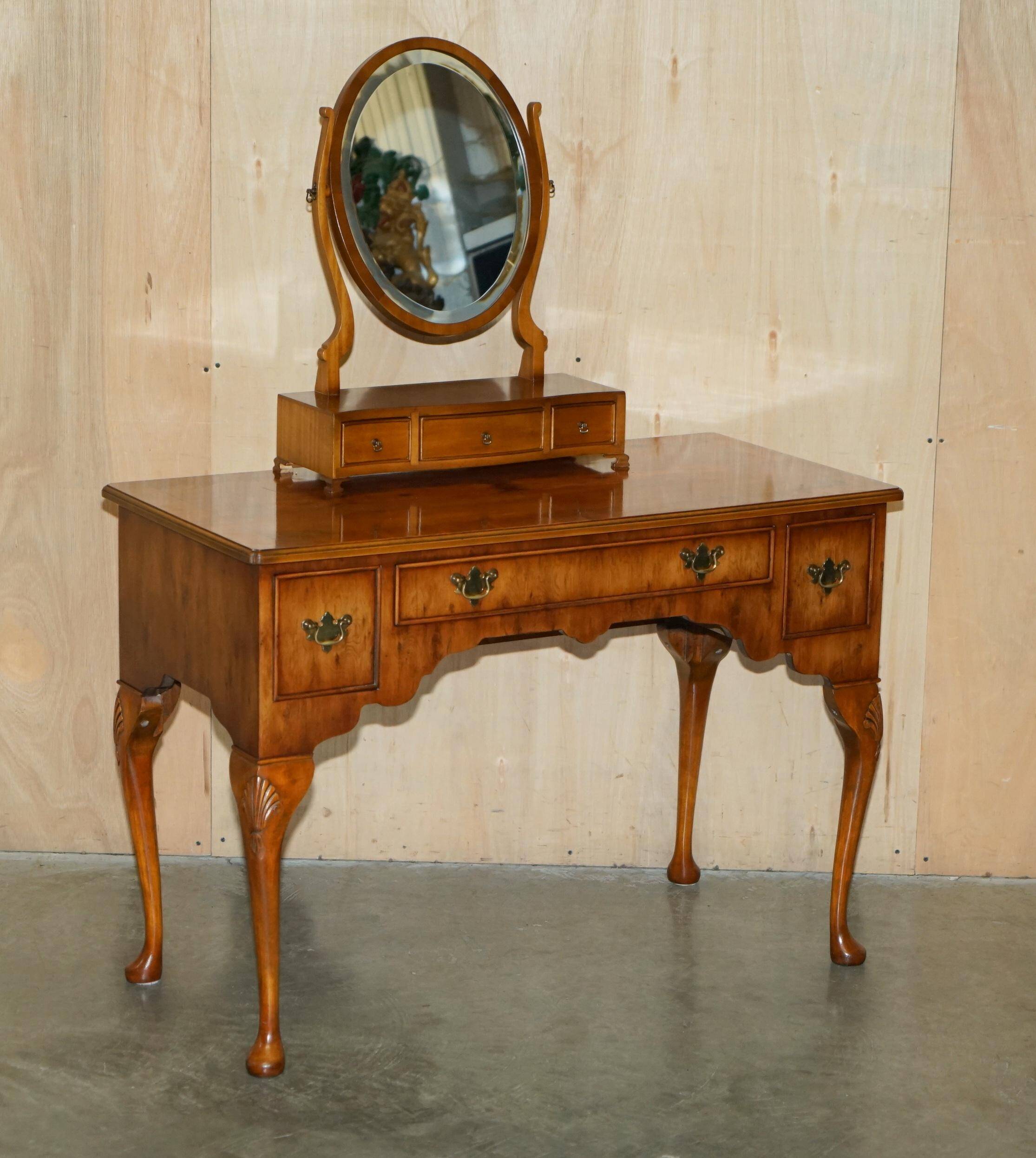 Vintage English walnut burr dressing table with mirror and chair.