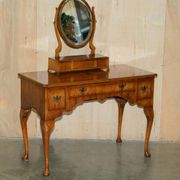 Vintage English walnut burr dressing table with mirror and chair.