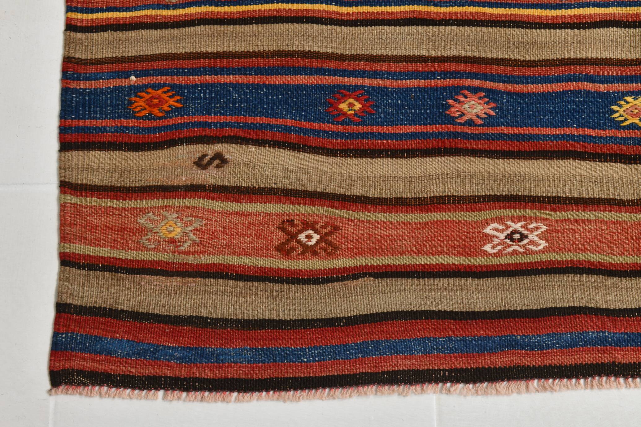 5x8 Wool Kilim Rug, Handwoven Blue & Red Wool Kilim Rug, 143x230Cm