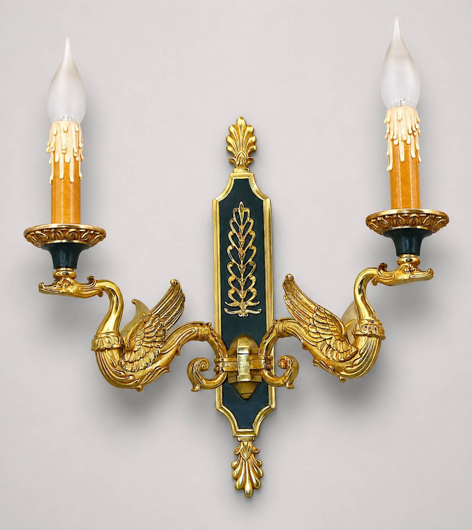 Pair of Gilded Bronze Wall Lights in Empire Style with Two Lights by Lucien Gau