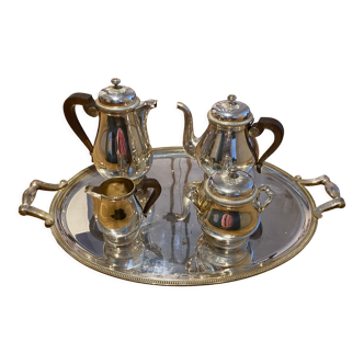 Set 5 pieces in silver metal (coffee maker, teapot, sugar bowl, milk jug, tray)