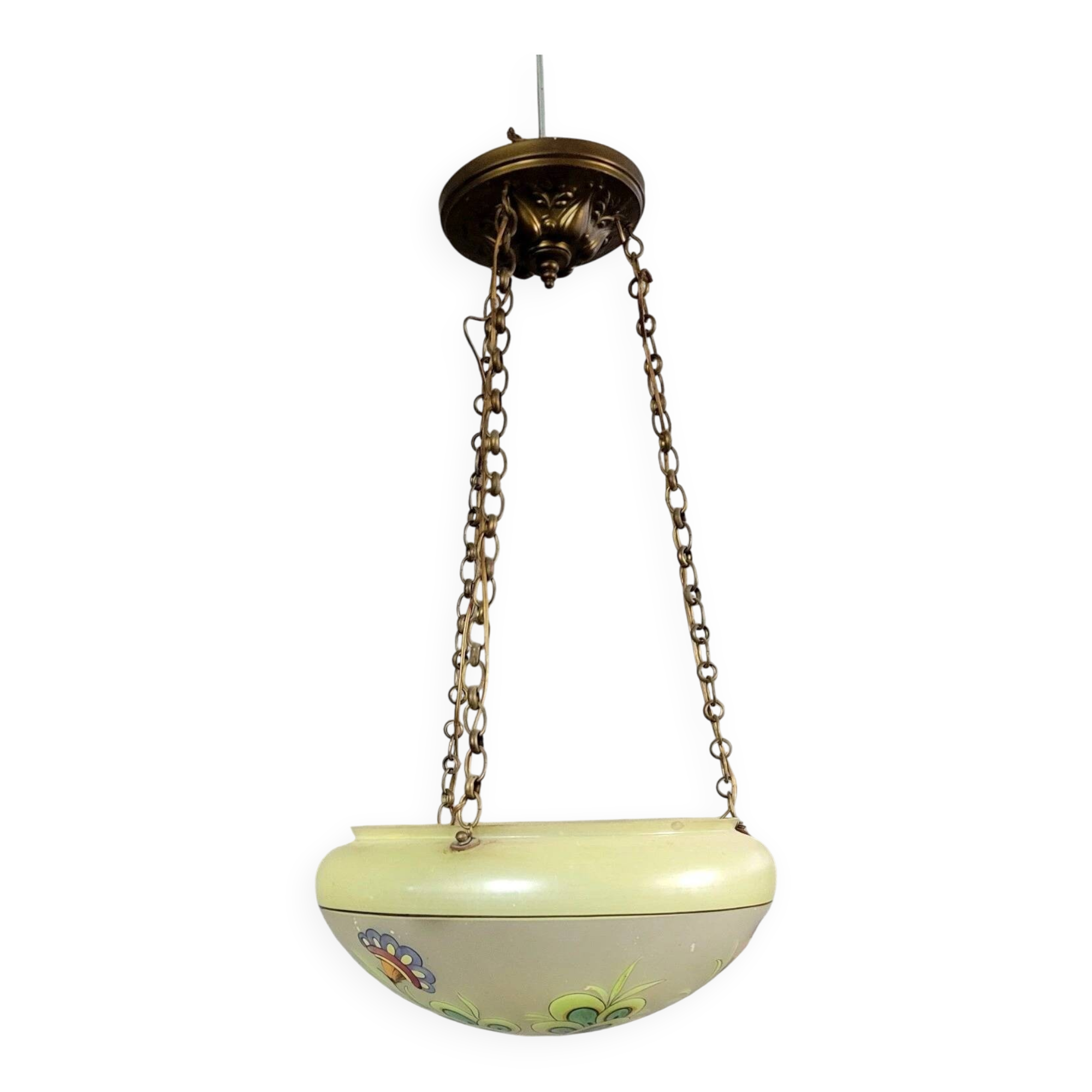 Lustre plafonnier style Art Déco en verre peint de fleurs stylisées