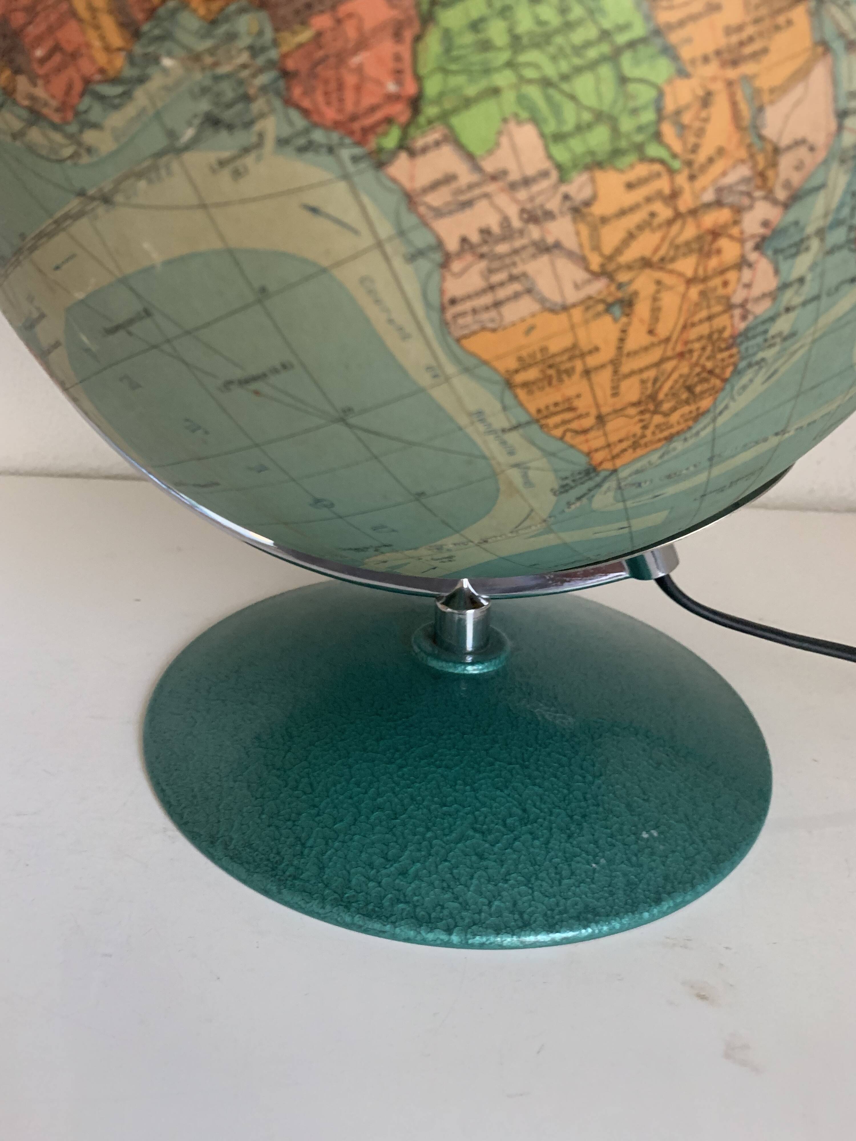 Vintage 1960s Perrina glass globe, green lacquered, world map - 33 cm