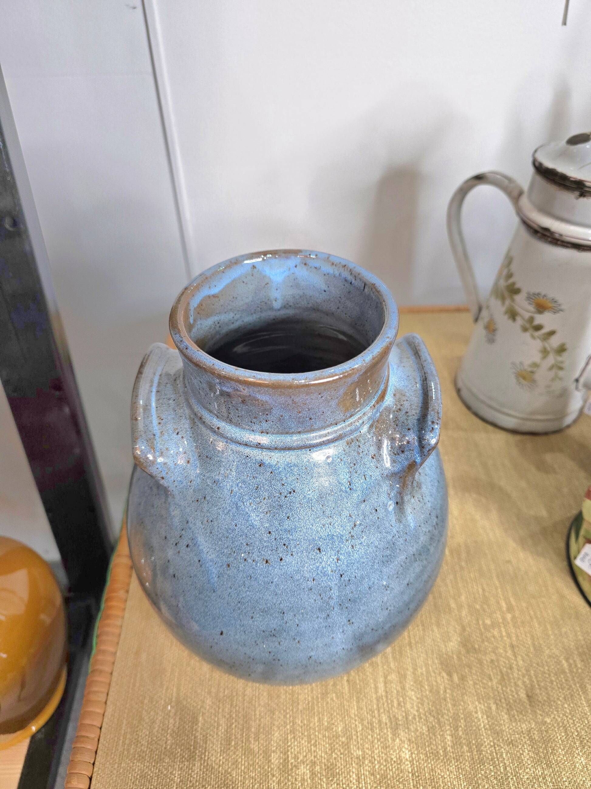 Blue glazed stoneware vase – Squat shape with handles – Handmade craftsmanship
