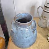 Blue glazed stoneware vase – Squat shape with handles – Handmade craftsmanship