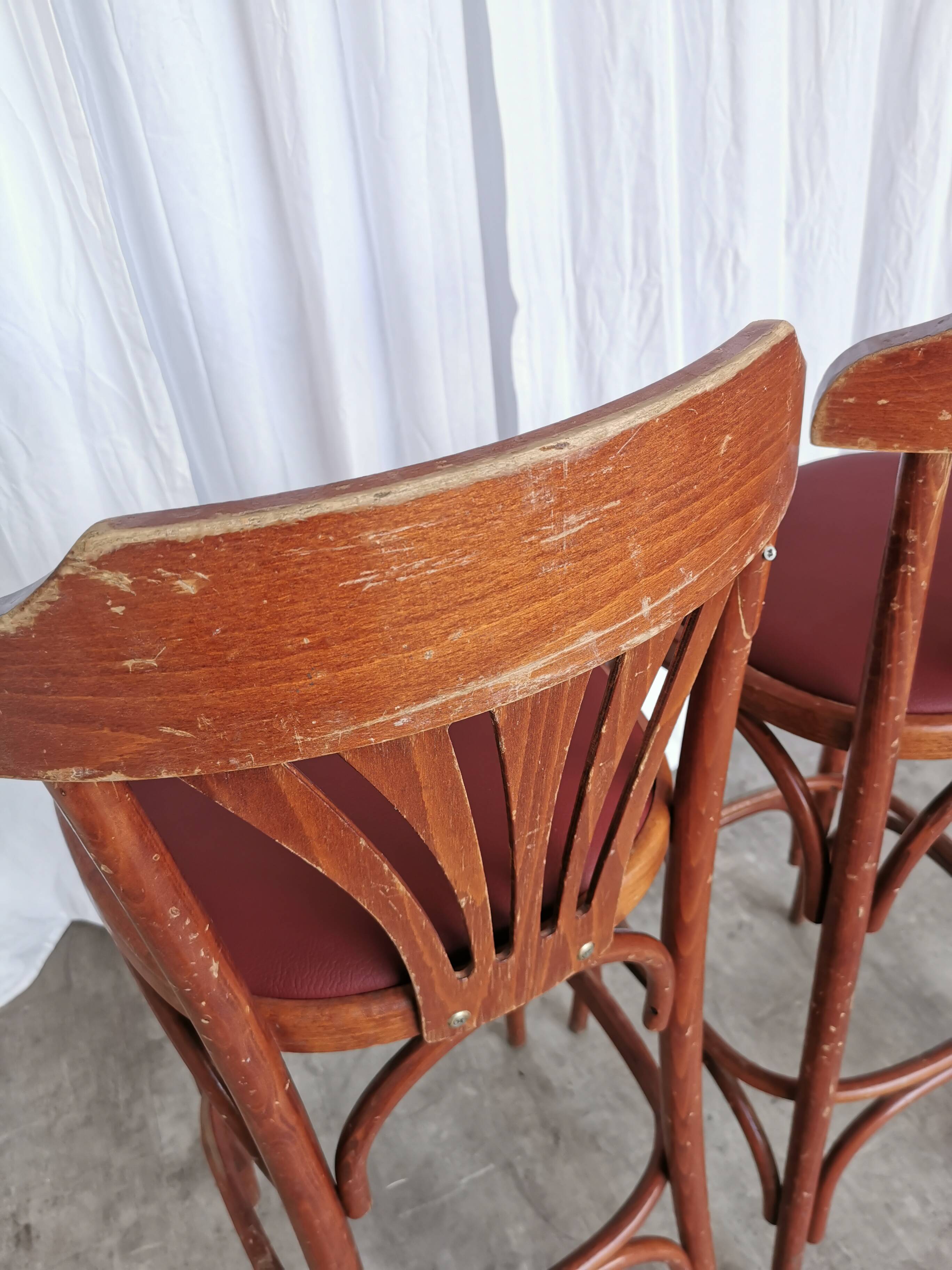 Mid-Century Thonet Style Bar Stools: Red Faux Leather Seat, Set of 2