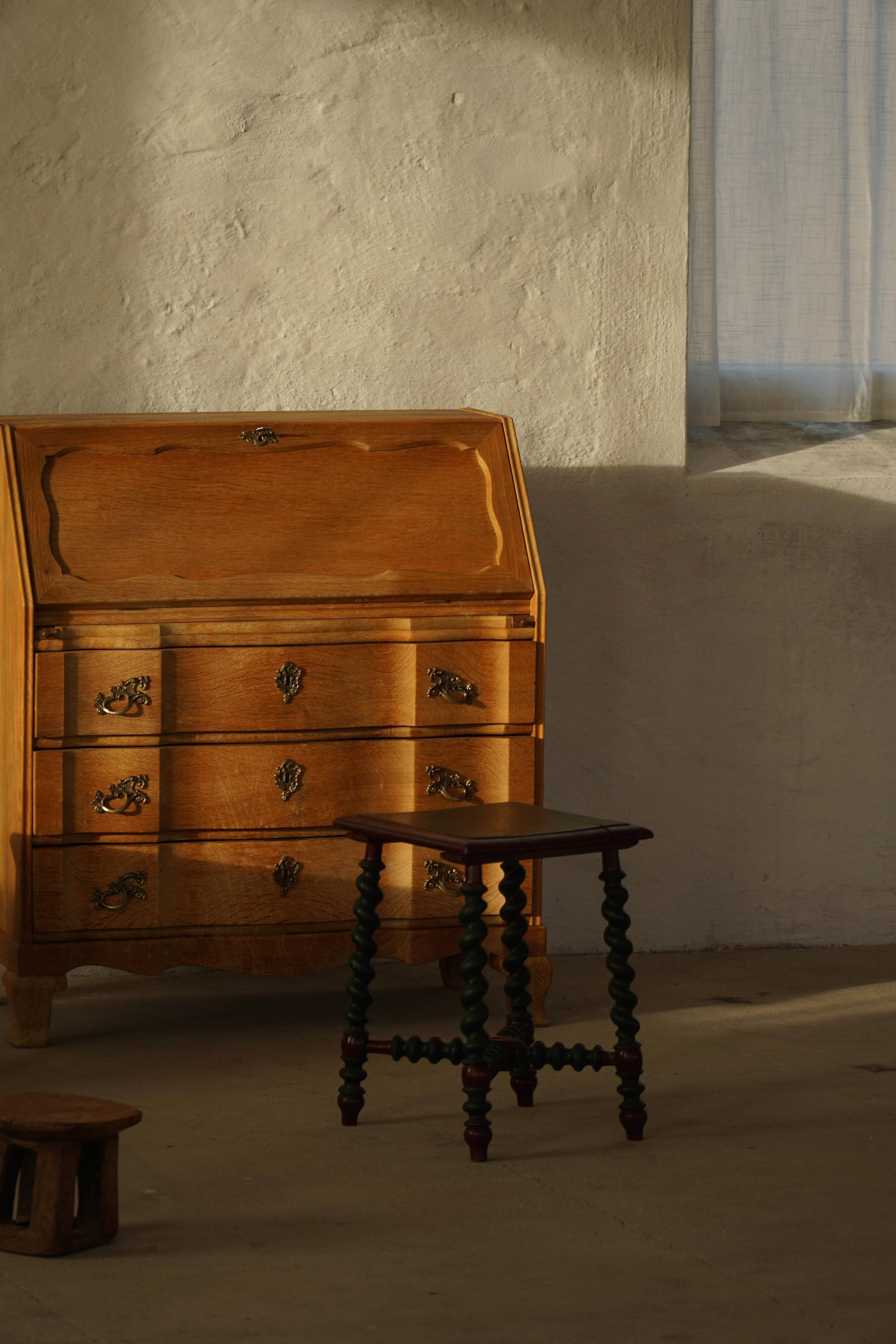 Vintage Scandinavian Stool Painted in Dark Green and Dark Red Wood, Folk Style, 1940s