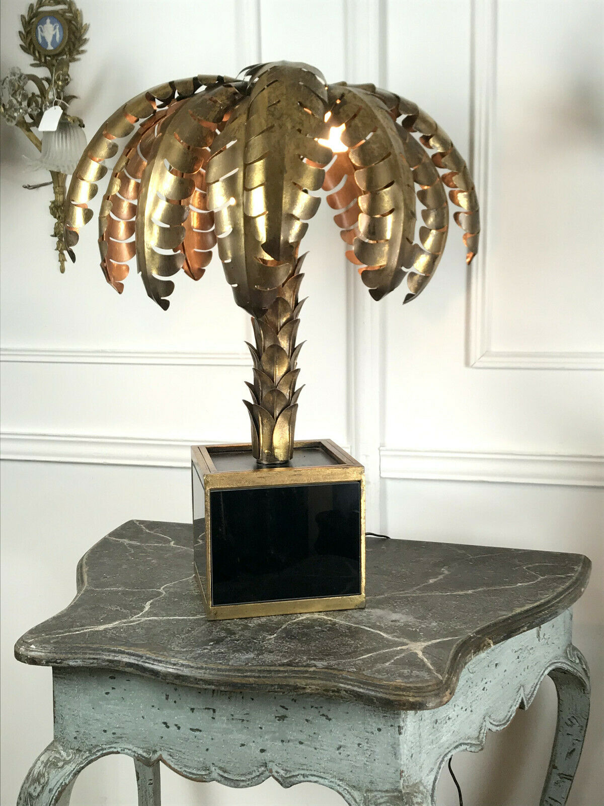 Palm tree table lamp in gilded metal and base in glass plates style year 70