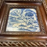Old Delft tile, eighteenth century, old frame, scene man sleeper, signed