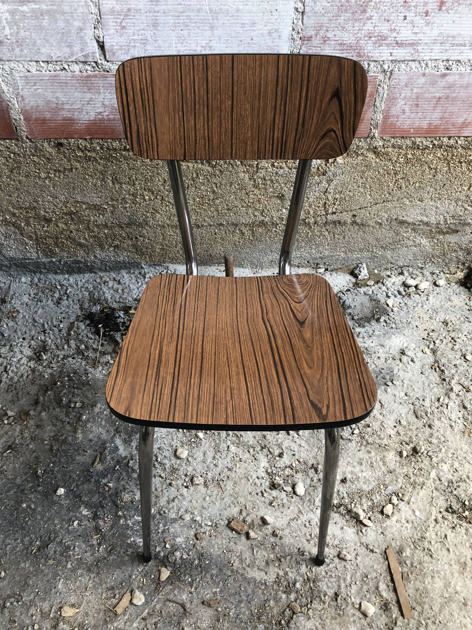 Old chair kitchen formica brown wood + feet compass metal chrome vintage