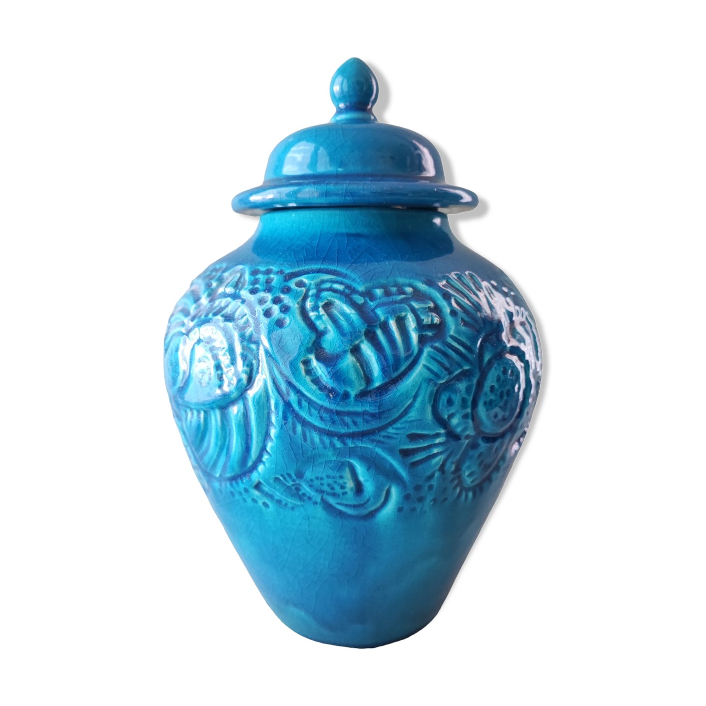 French art deco pottery turquoise vase and cover