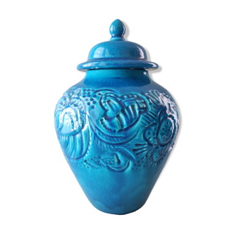French art deco pottery turquoise vase and cover
