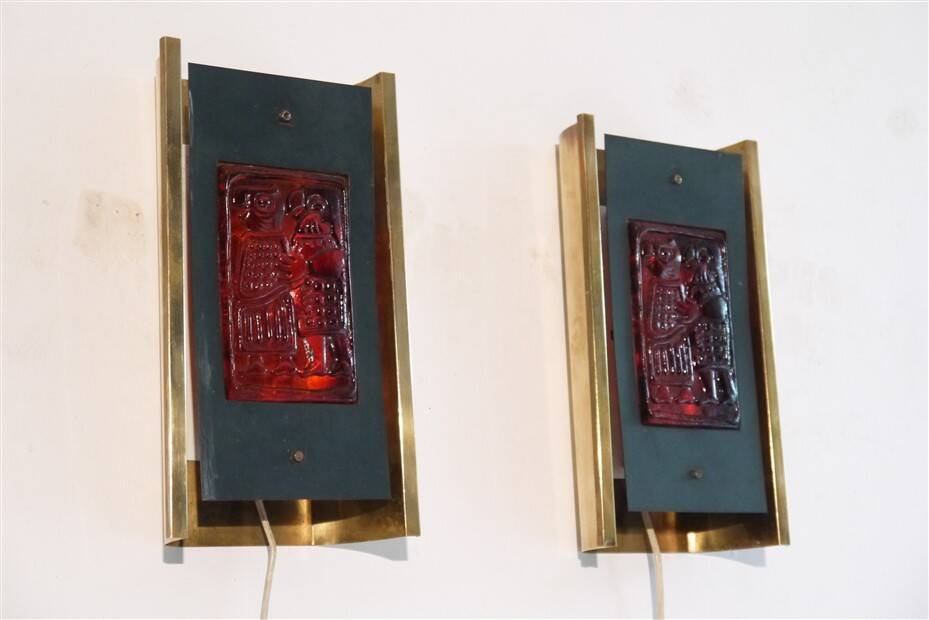 Pair of Scandinavian brass and glass wall lights by Erik Hoglund