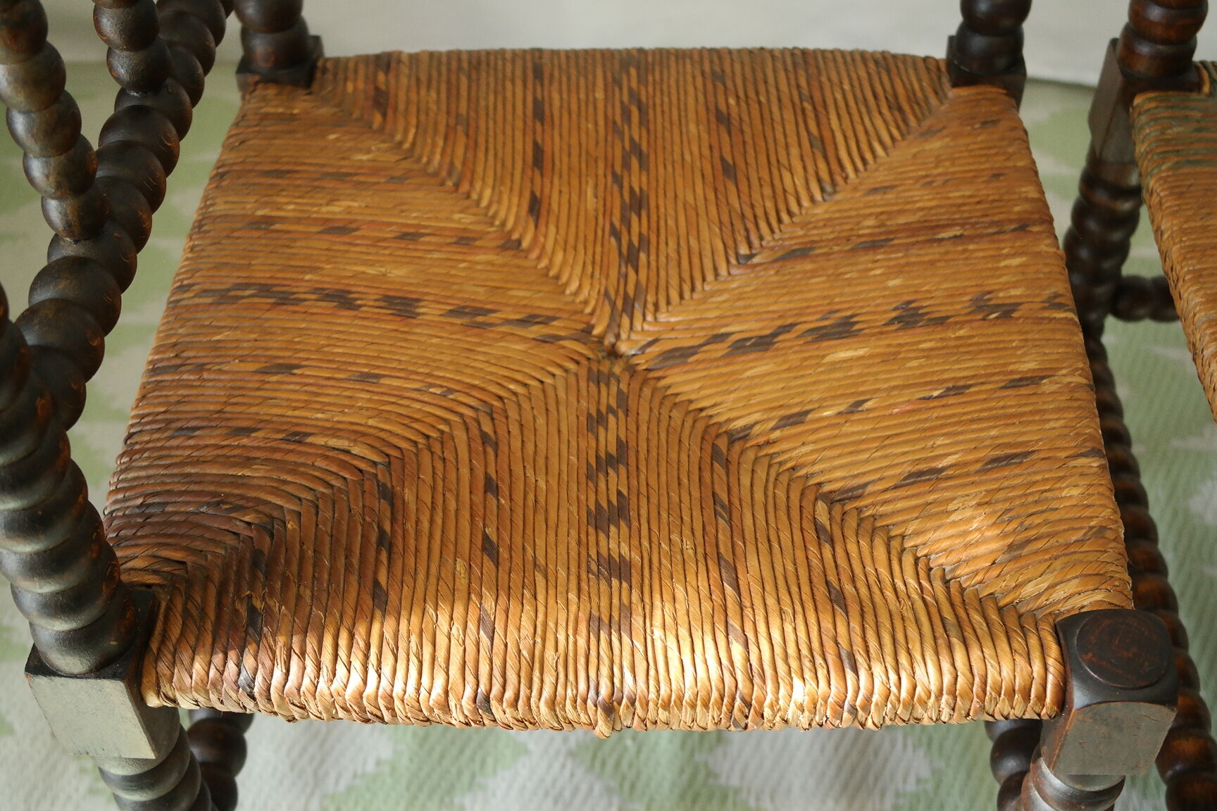 Pair of chairs corner fireplace turned beaded wood