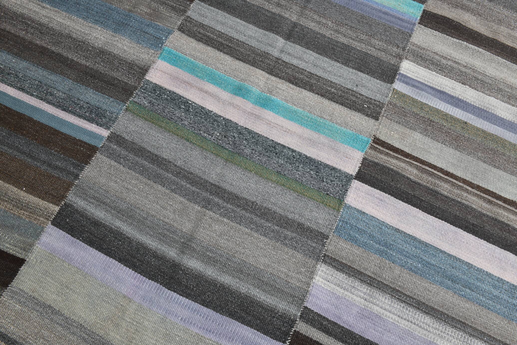 7x9 Gray & Teal Green Handmade Kilim Rug, 224x264Cm