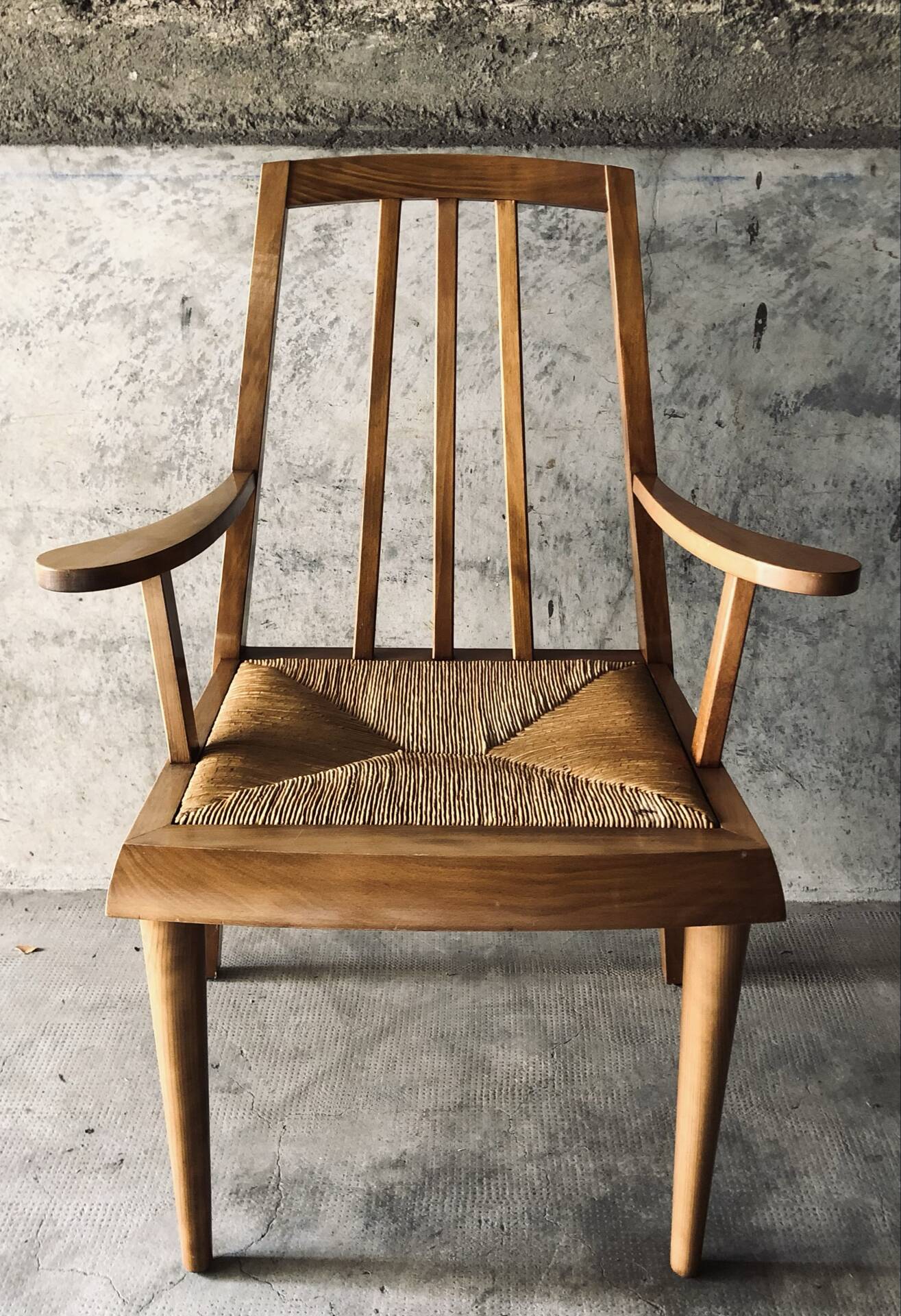 Solid wood and straw armchair, Reconstruction style, France