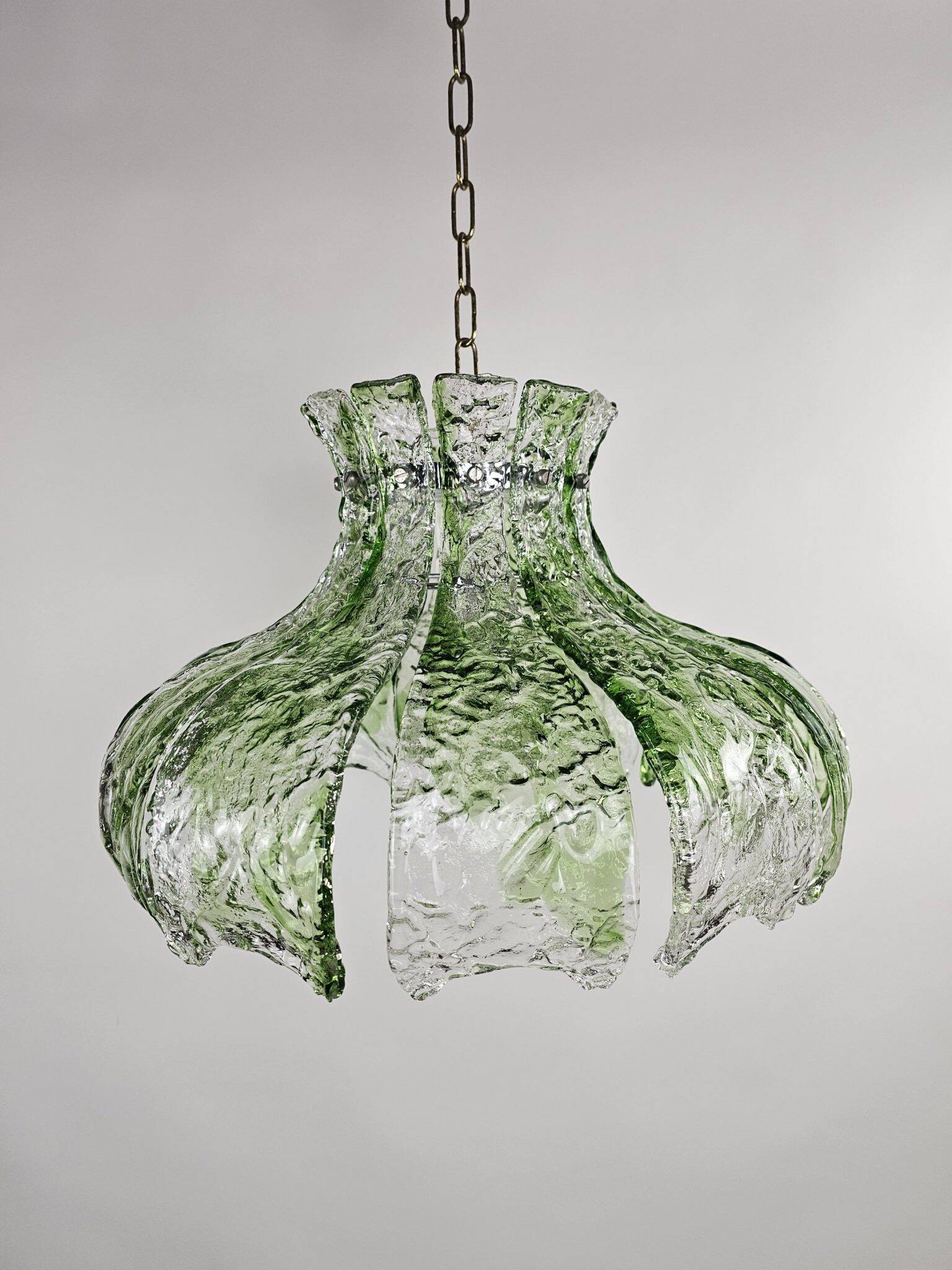 Pendant lamp by Mazzega with loose leaves of ice glass in transparent and green