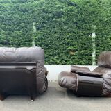 Pair of armchairs and ottoman leather Marsala by Michel Ducaroy for Ligne Roset 1970