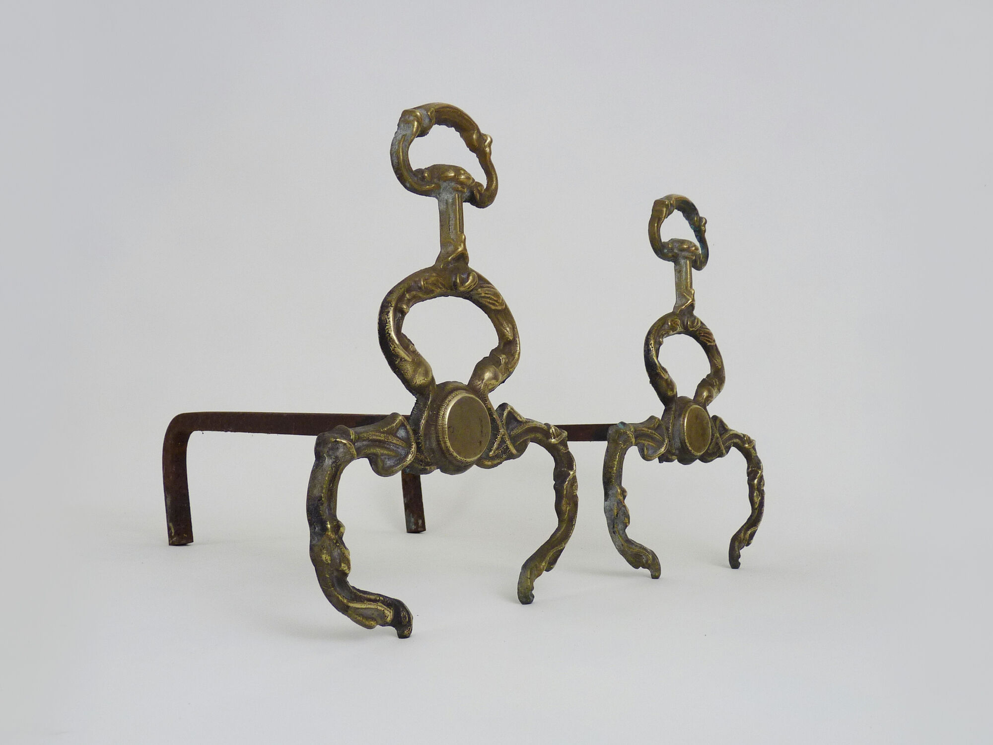 Old pair of chenets, fire dog in bronze and French neoclassical cast iron