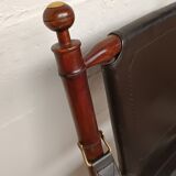 Pair of vintage "safari" folding armchairs in mahogany and leather