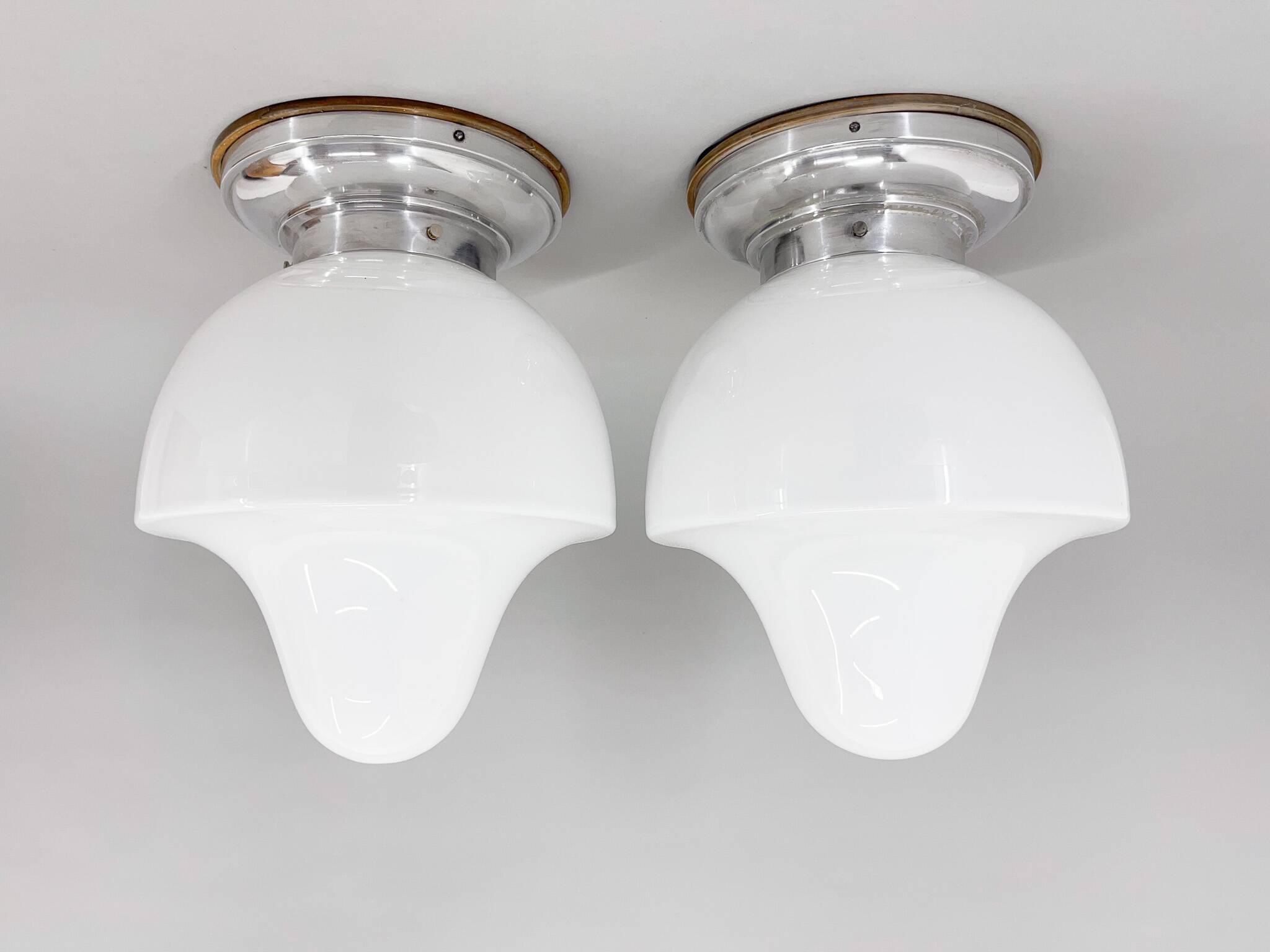 Pair of Mid-Century Chrome & Milk Glass Ceiling Ligts, Restored