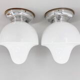 Pair of Mid-Century Chrome & Milk Glass Ceiling Ligts, Restored