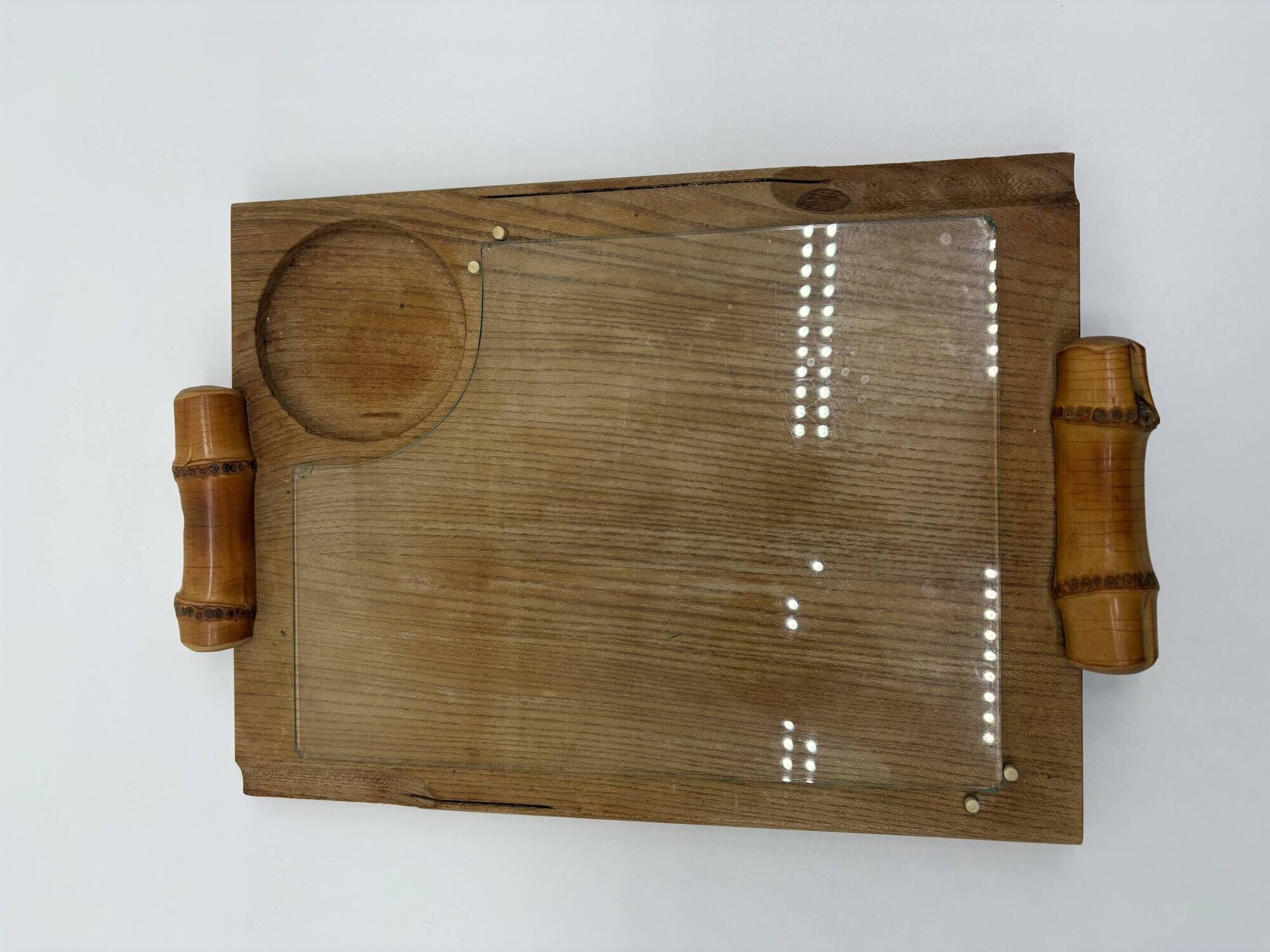 Wood and bamboo vintage plateau, glass, 1960