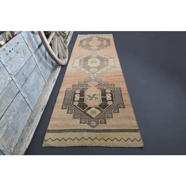1970s Vintage Turkish Oushak Handmade Wool Cotton Orange Runner Rug 95x374