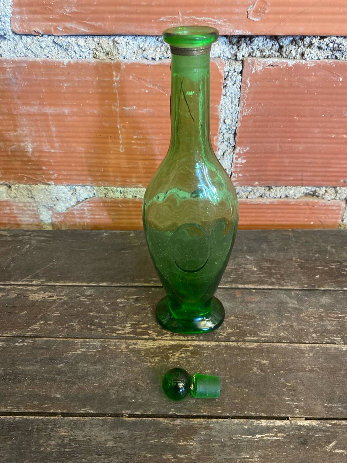Old Green Bubble Glass Carafe Bottle with Vintage Stopper