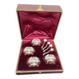 4 salerons, argent, Ravinet D'enfert, 4 pelles, intérieur verre blanc, écrin, intérieur pourpre, XIX