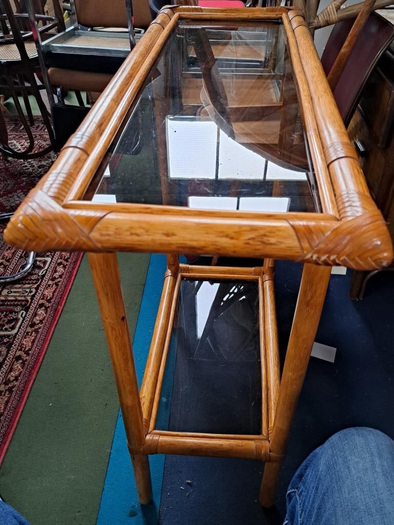 Rattan console and smoked glass Roche Bobois, from the 70s