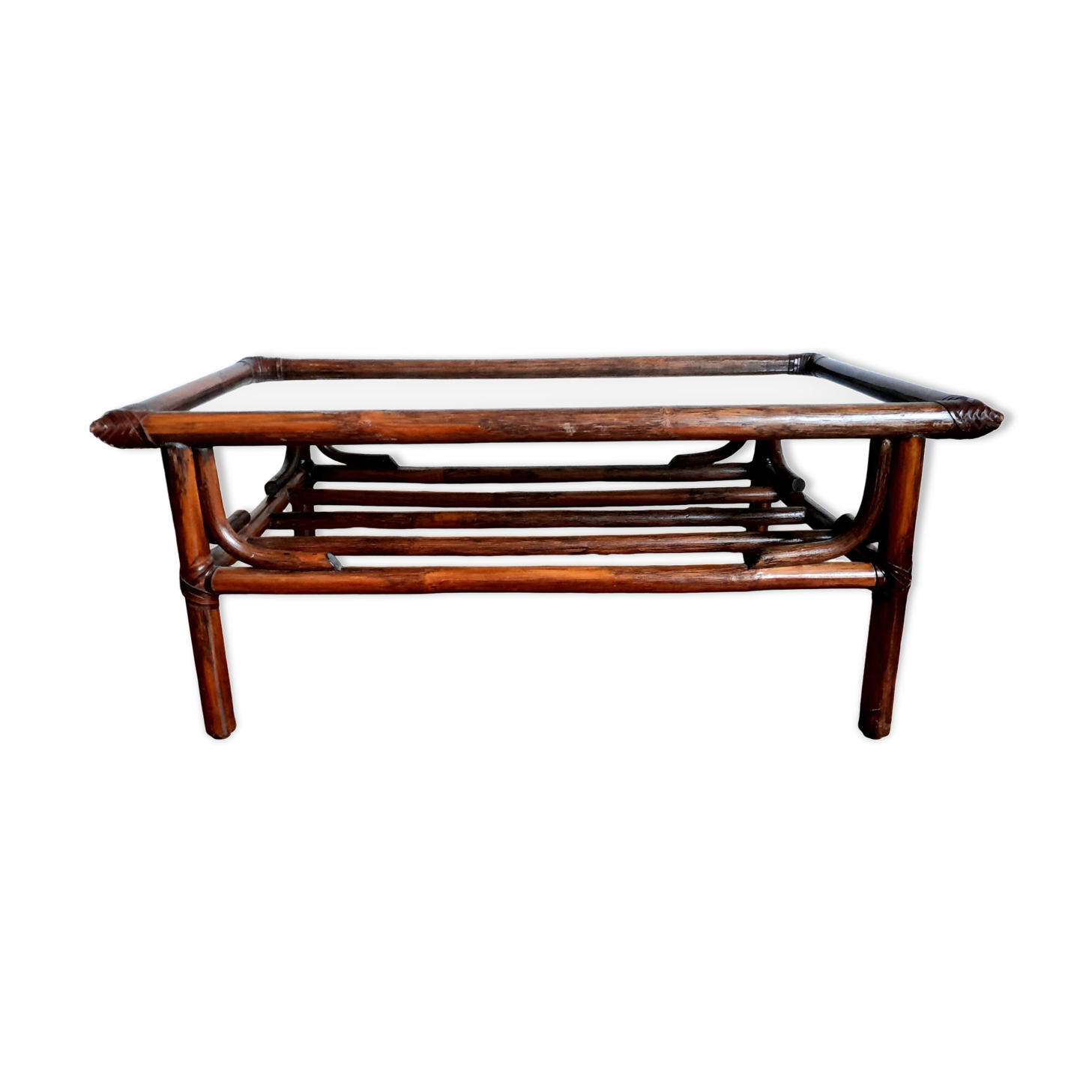 Vintage rattan and smoked glass coffee table 1960