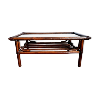 Vintage rattan and smoked glass coffee table 1960