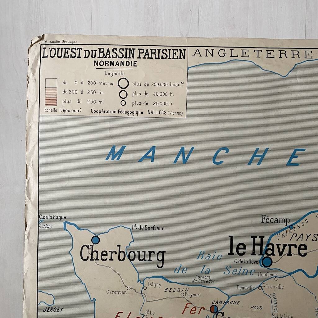 Vintage school map 1950 double-sided "Brittany and Normandy"