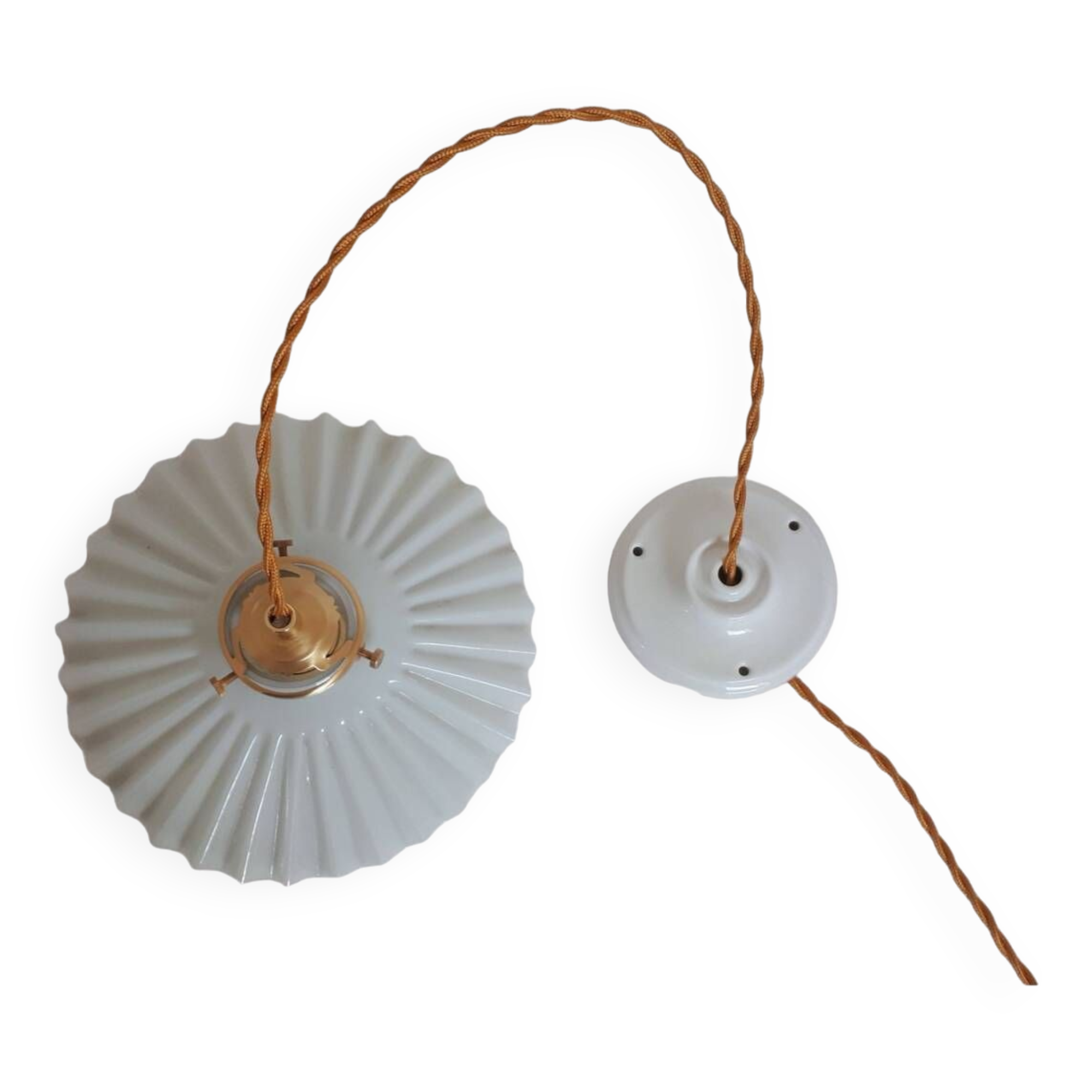 Vintage lampshade pendant light in striped embossed white opaline - circa 1940s