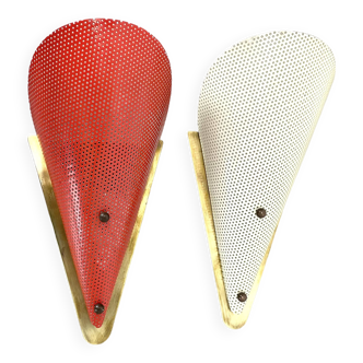 Set of two hole pattern theatre wall light sconces, france, 1950