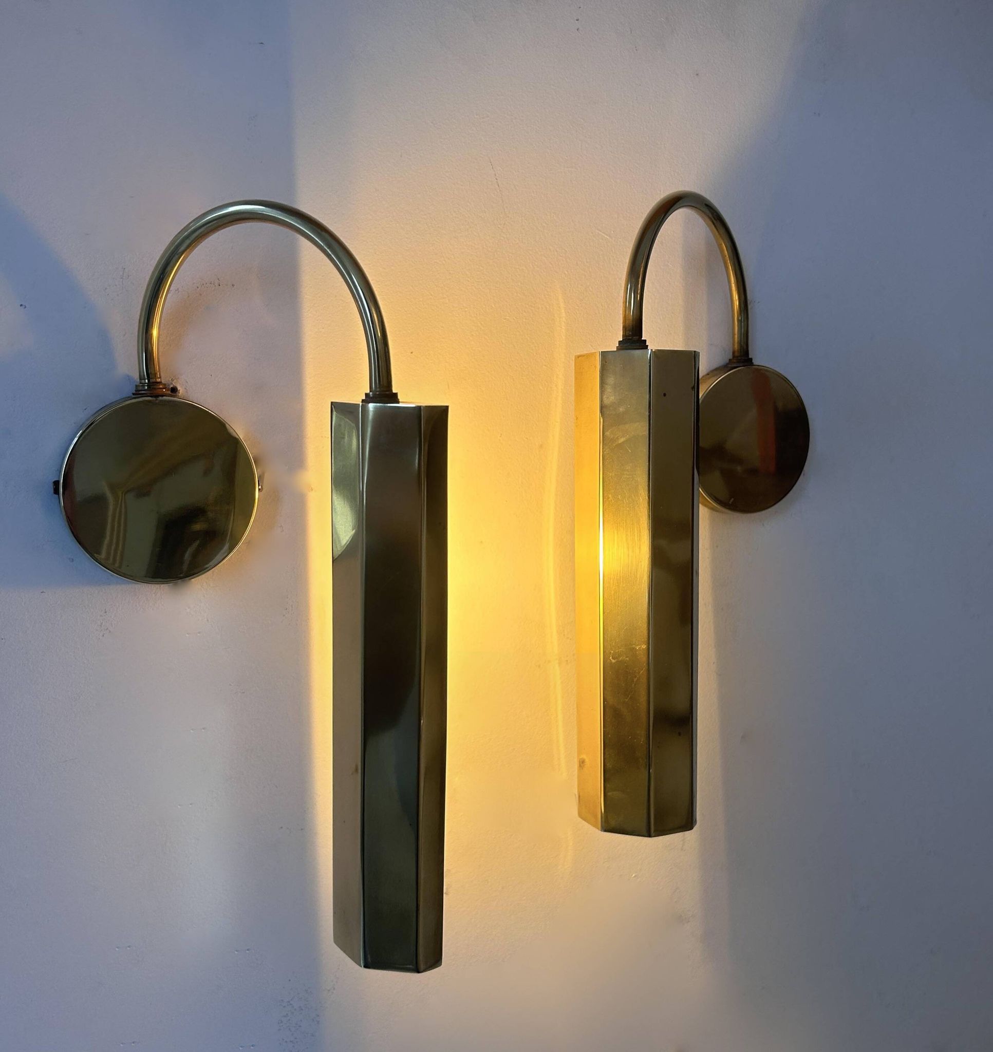 Pair of vintage adjustable wall lights, solid brass, France 1970