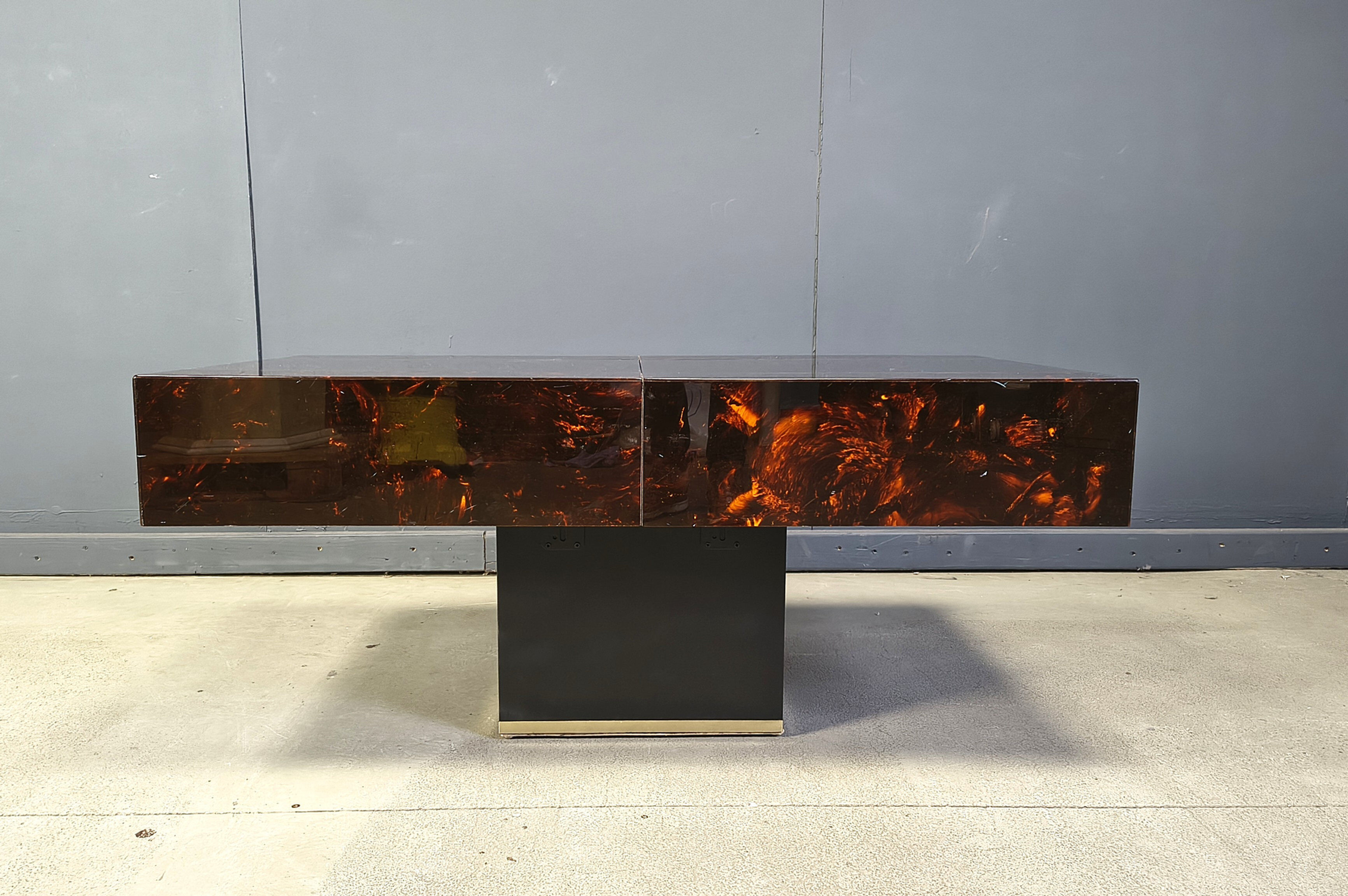 Table basse à café vintage avec bar caché par Eric Maville et Jean Claude Mahey