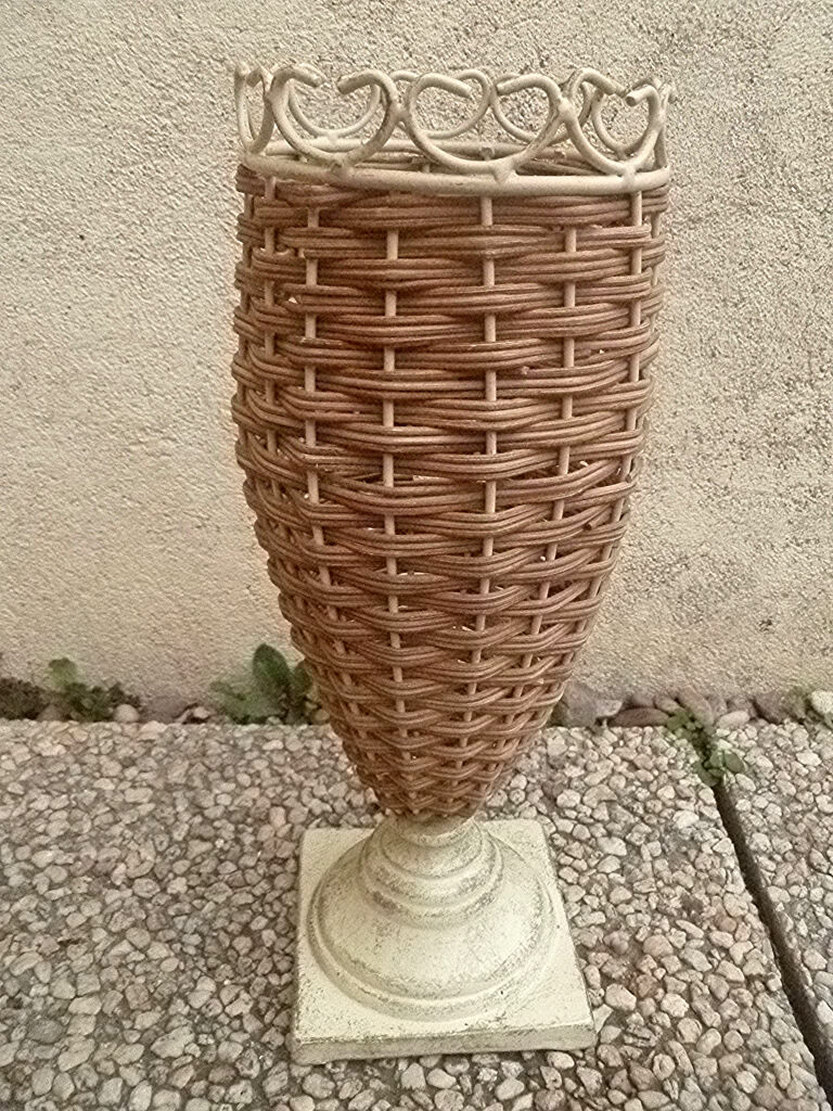Vintage metal and wicker vase