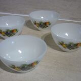 White glass Arcopal bowls with vintage fruit décor