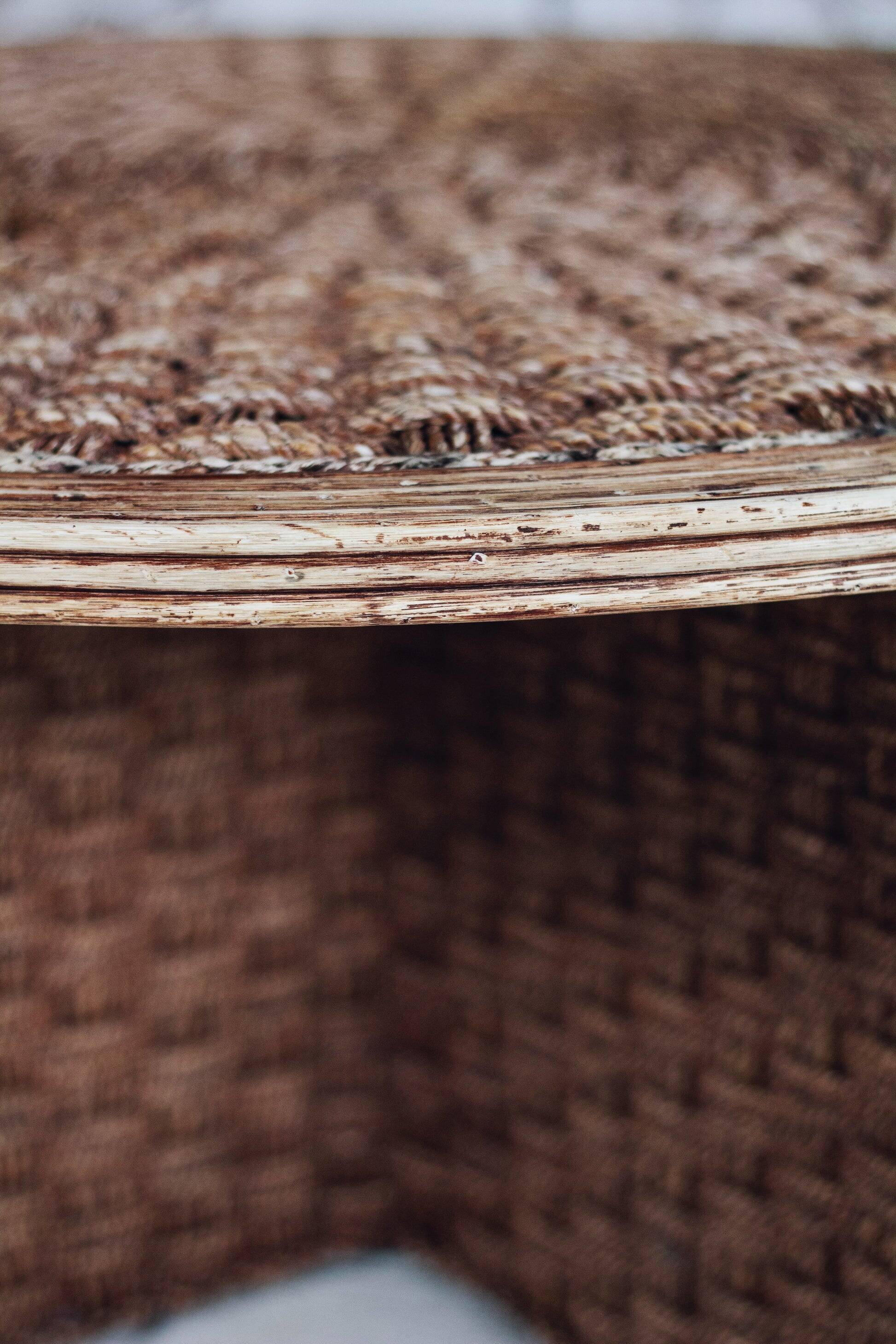 Round coffee table in braided cord and rattan, 1970.
