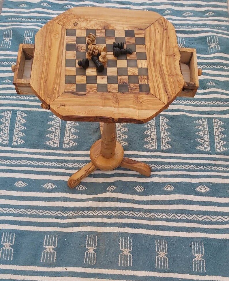 Chess table, with rustic chess board drawers in olive wood