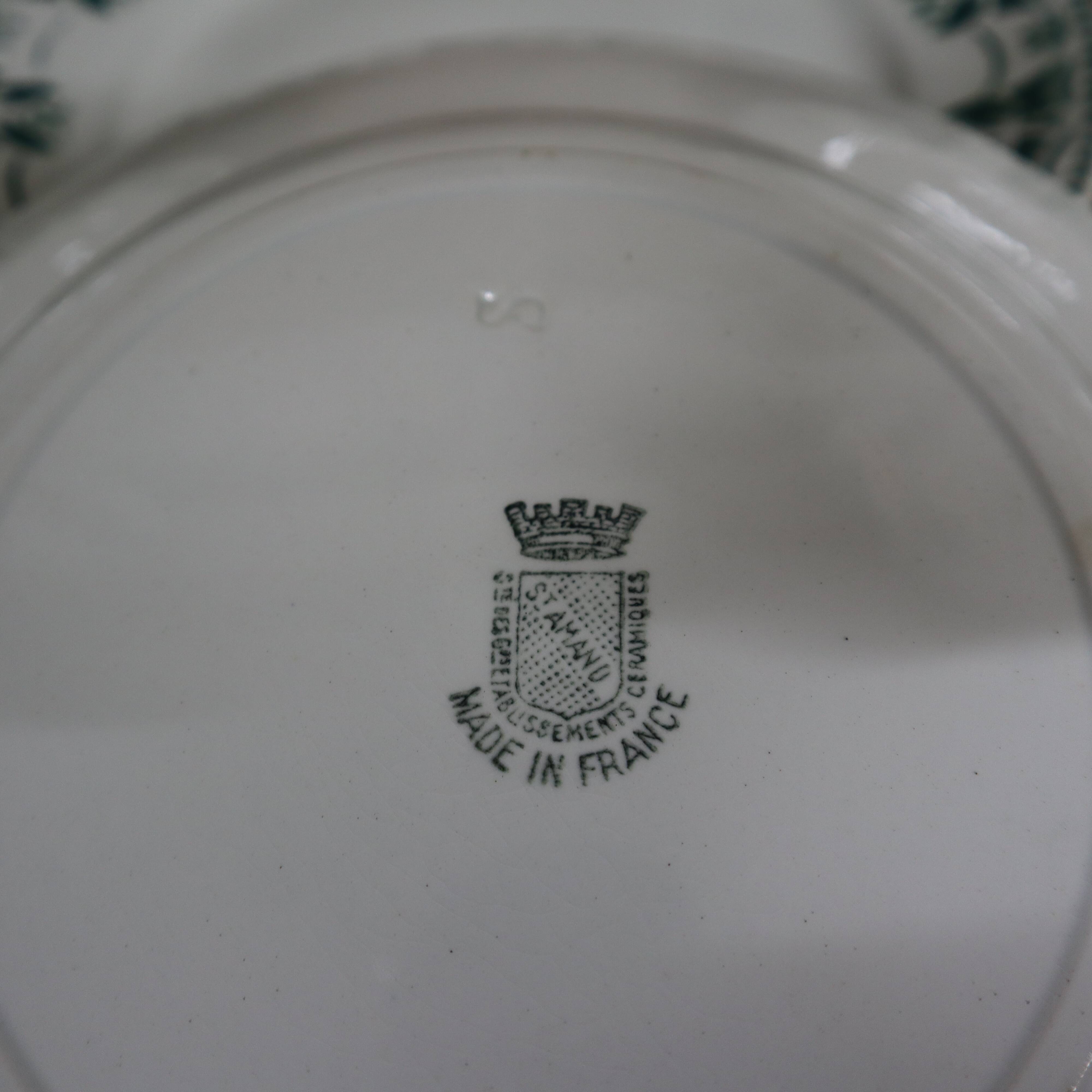 6 flat plates in white and green earthenware Saint Amand Terre de Fer