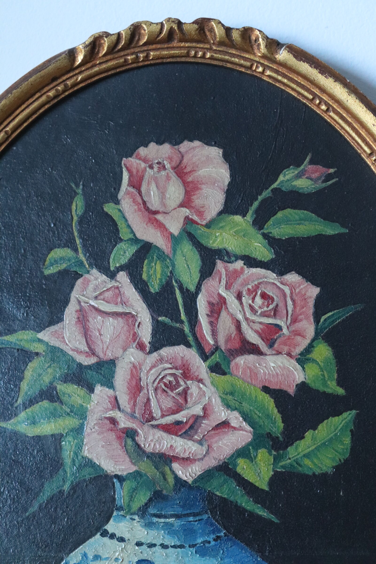 Oil on oval panel bouquet of roses