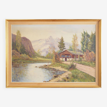 Painting „The Chalet at the Mountain Stream”, Scandinavian design, 1970s