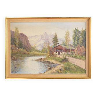Painting „The Chalet at the Mountain Stream”, Scandinavian design, 1970s