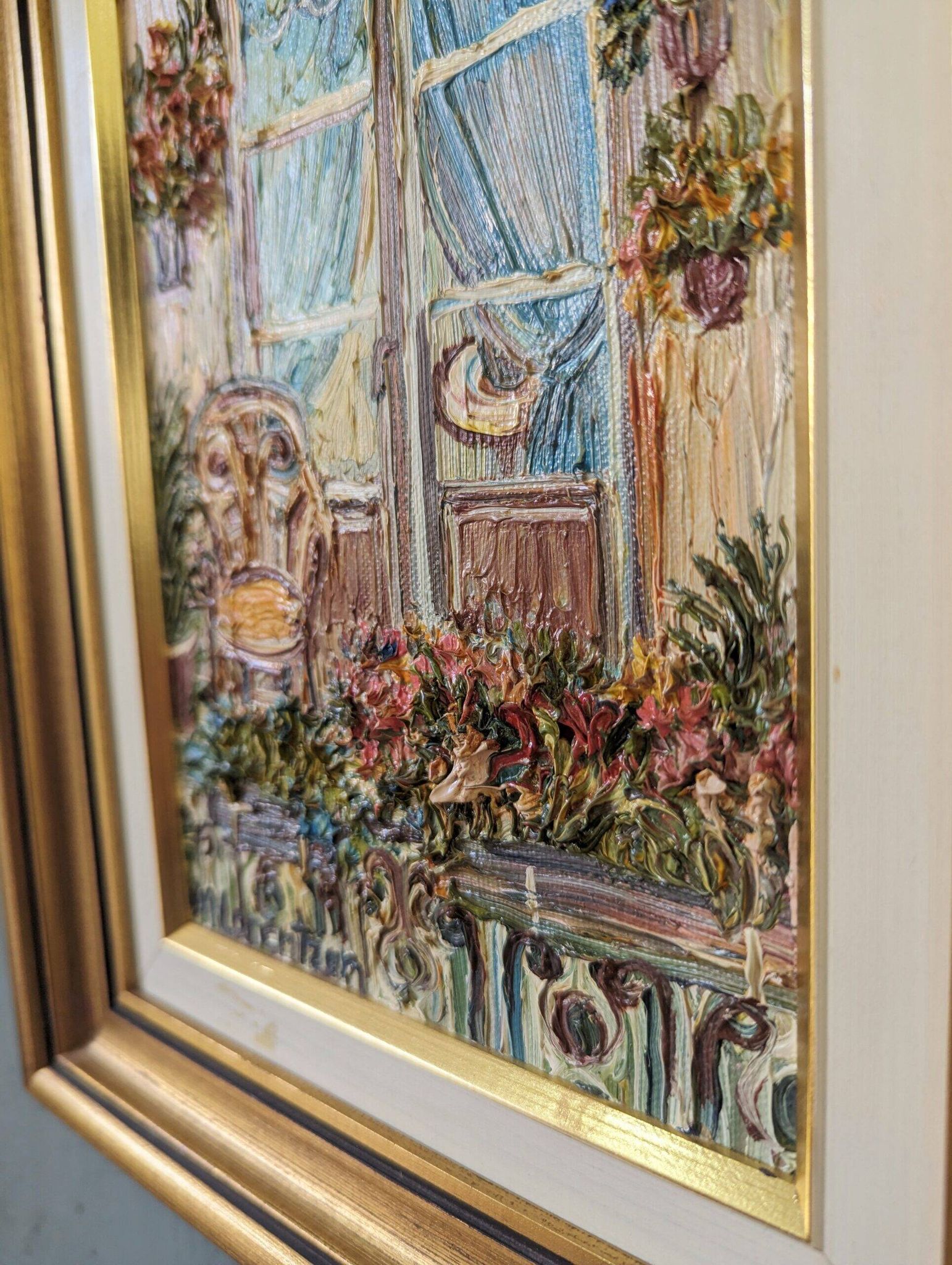 Mid-Century Modern Swedish "Balcony Garden" Vintage Oil Painting, Framed