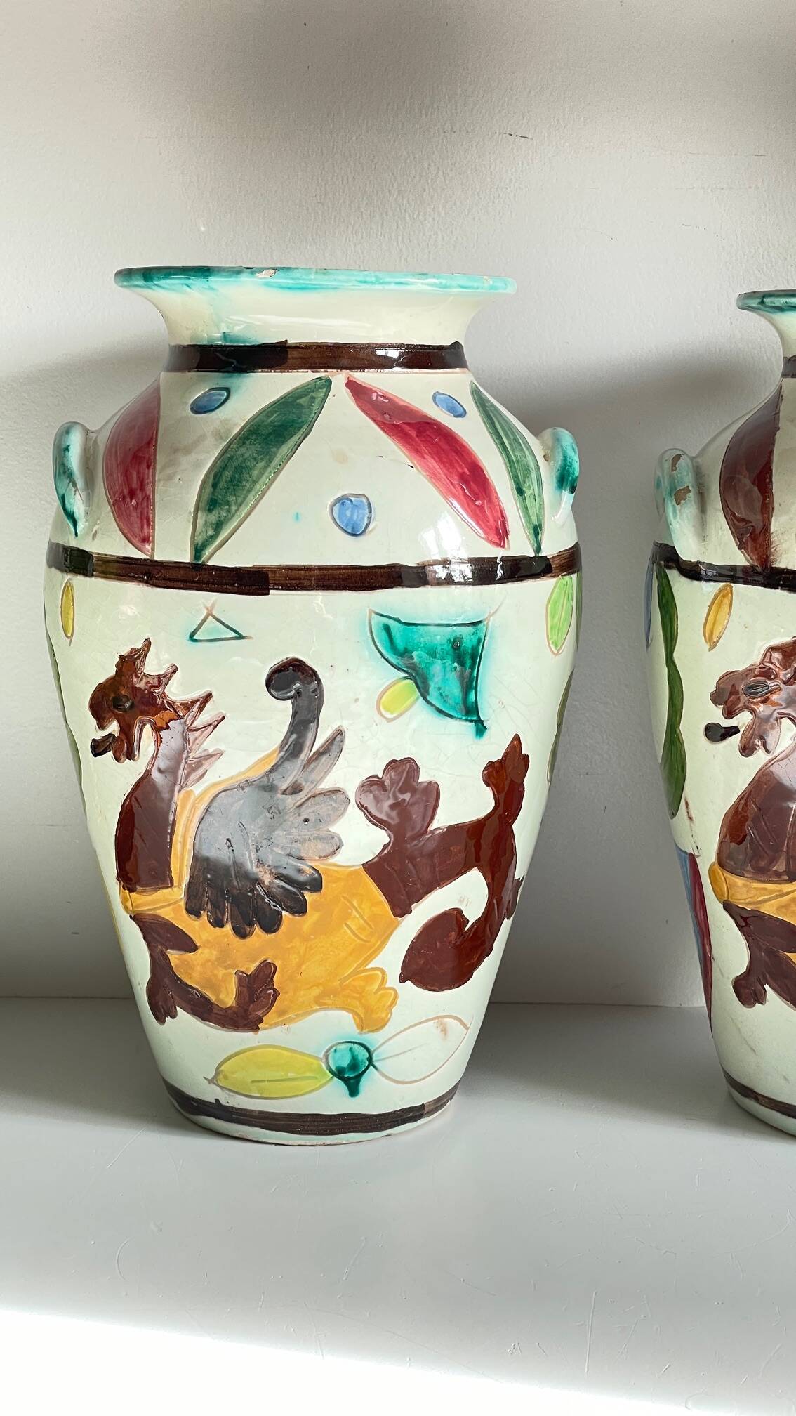 Italian Majolica Vases with Dragon Motif