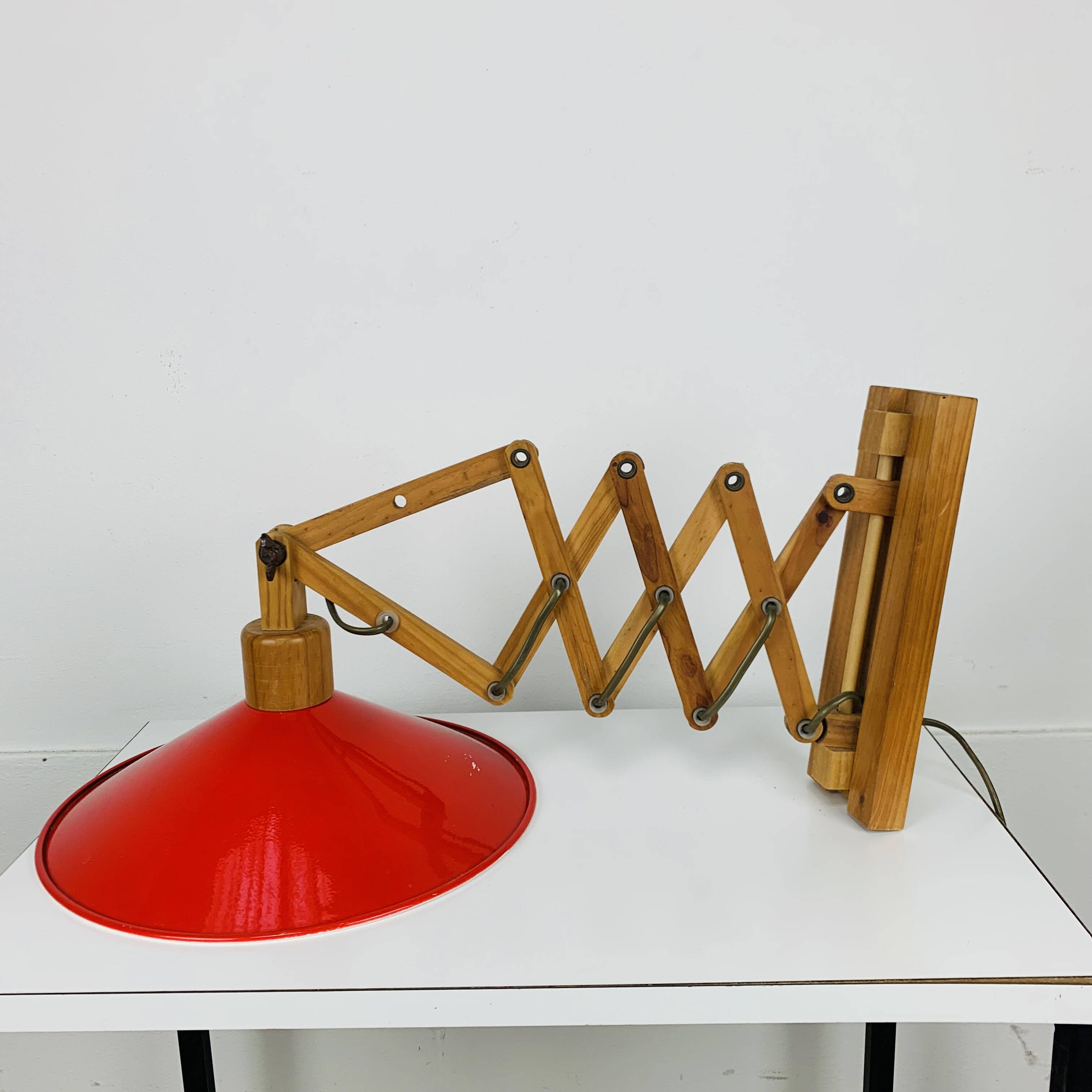 SCE 60s accordion wall light, wood and red reflector