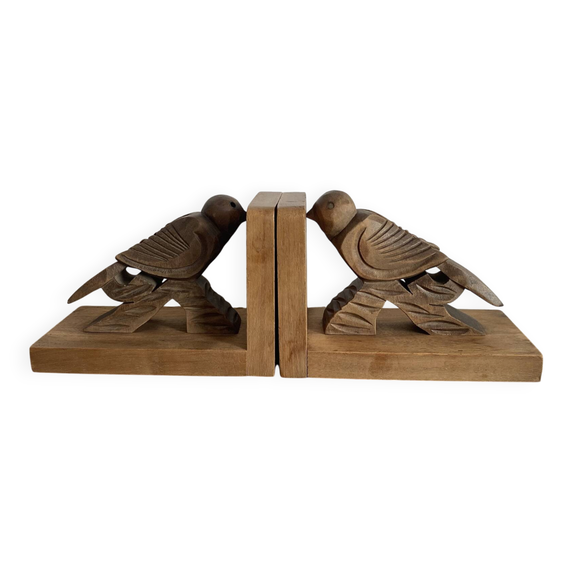 Pair of Art Deco wooden bookends carved with birds.